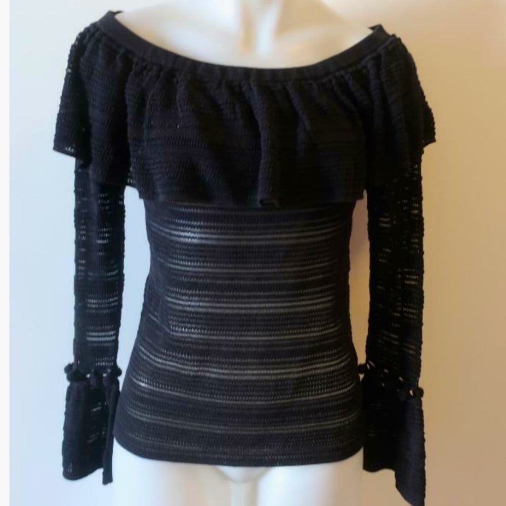 INTERMIX $368 Off-Shoulder Knit Sweater Size S Black Bell Sleeve Elegant